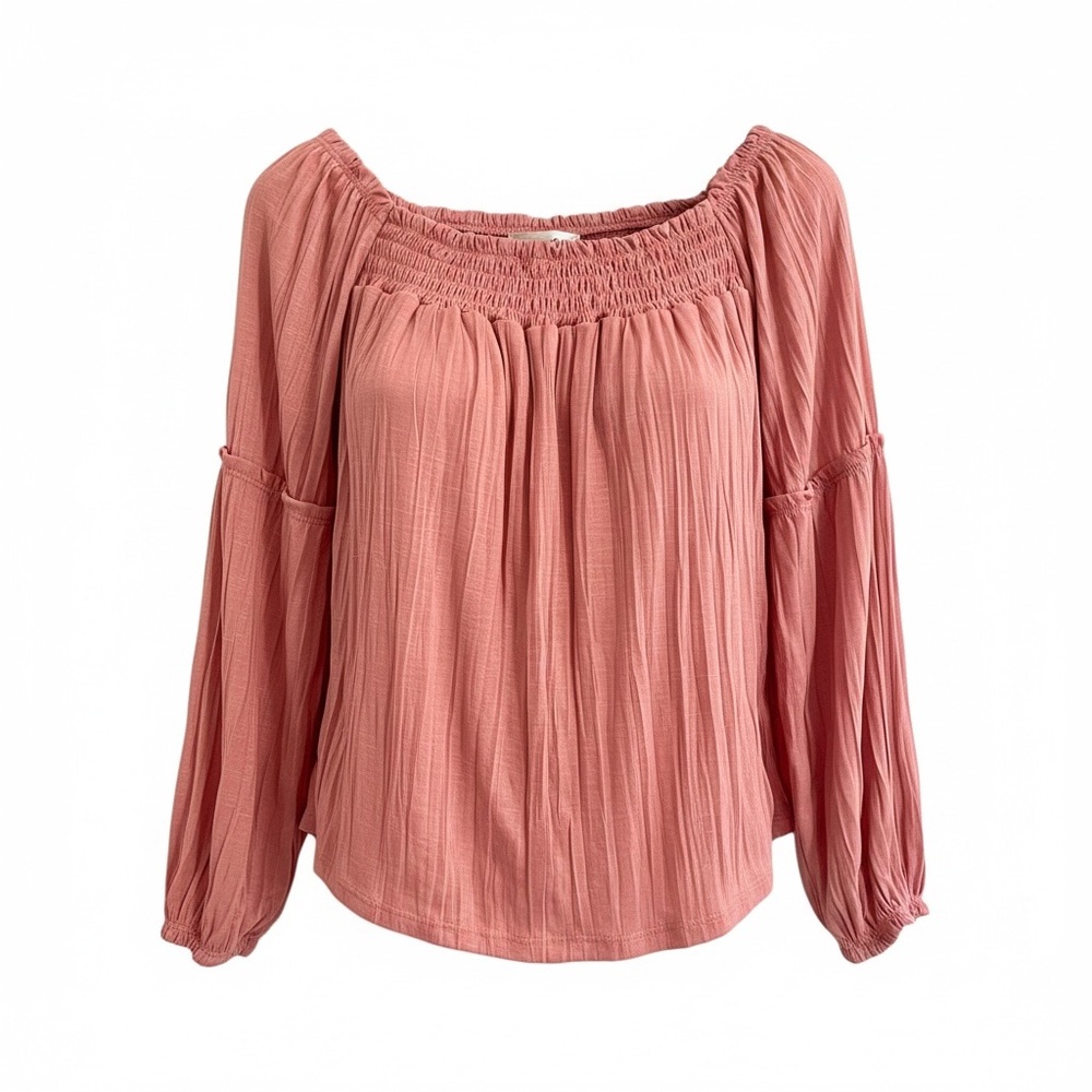 Y2k Smocked Peasant Blouse Sz Med Pink Off Shoulder Gauzy Flowy Top Boho Hippie
